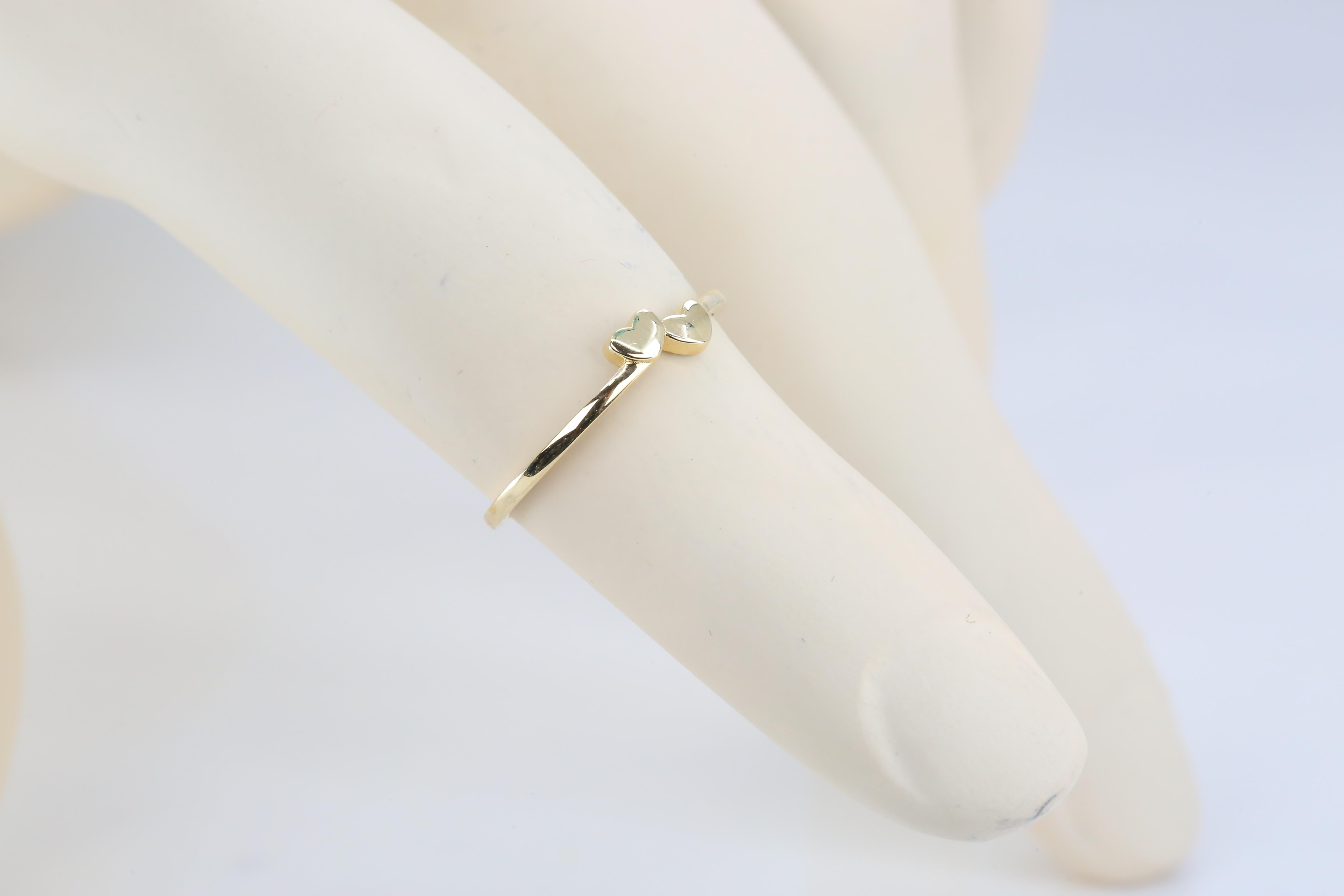 For Sale:  14k Solid Gold Dainty Twin Hearts Ring, Cute Delicate Stacking Double Hearts R 6