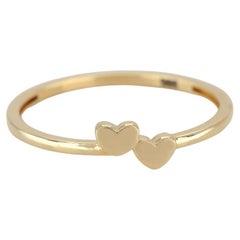 14k Solid Gold Dainty Twin Hearts Ring, Cute Delicate Stacking Double Hearts R