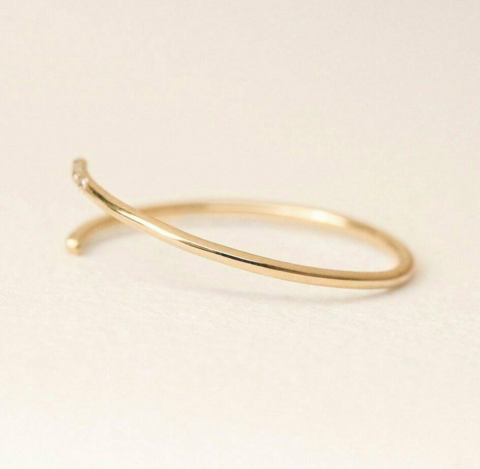 Round Cut 14k Solid Gold Dainty Twist Open Diamond Statement Ring Minimalist Delicate Ring For Sale