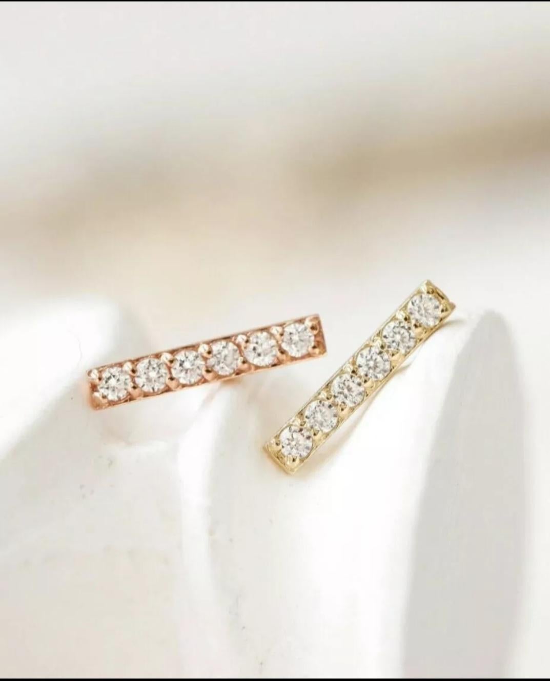 Art Deco 14K Solid Gold Diamond Bar Earrings Minimalist Bar Studs Gold Birthday Jewelry. For Sale