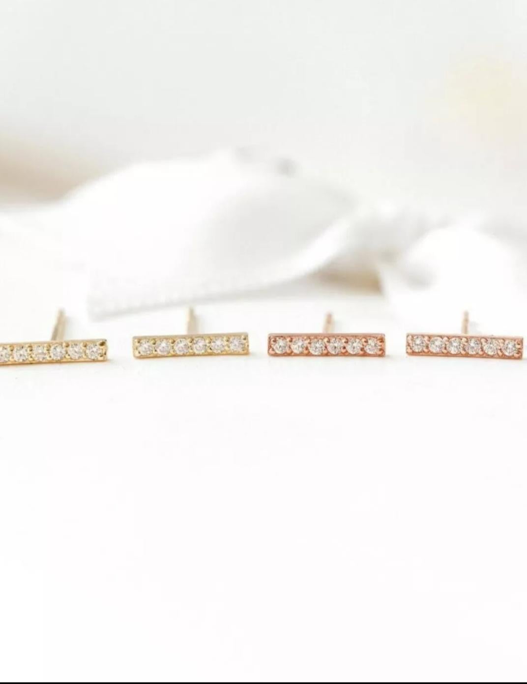 Women's or Men's 14K Solid Gold Diamond Bar Earrings Minimalist Bar Studs Gold Birthday Jewelry. For Sale