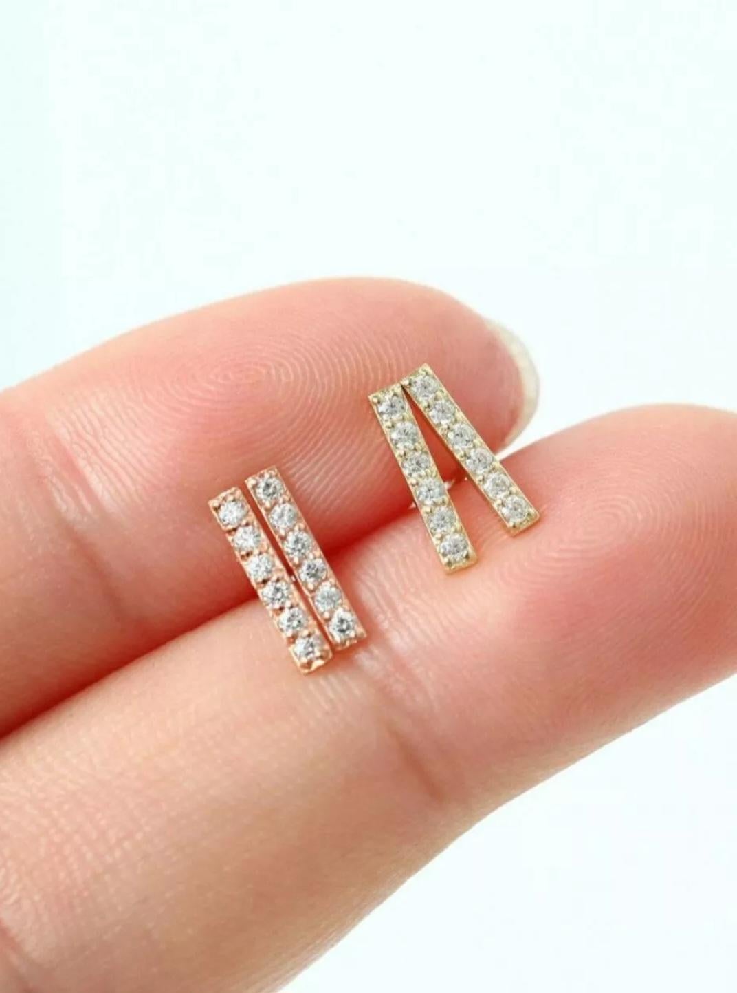 14K Solid Gold Diamond Bar Earrings Minimalist Bar Studs Gold Birthday Jewelry. For Sale 2