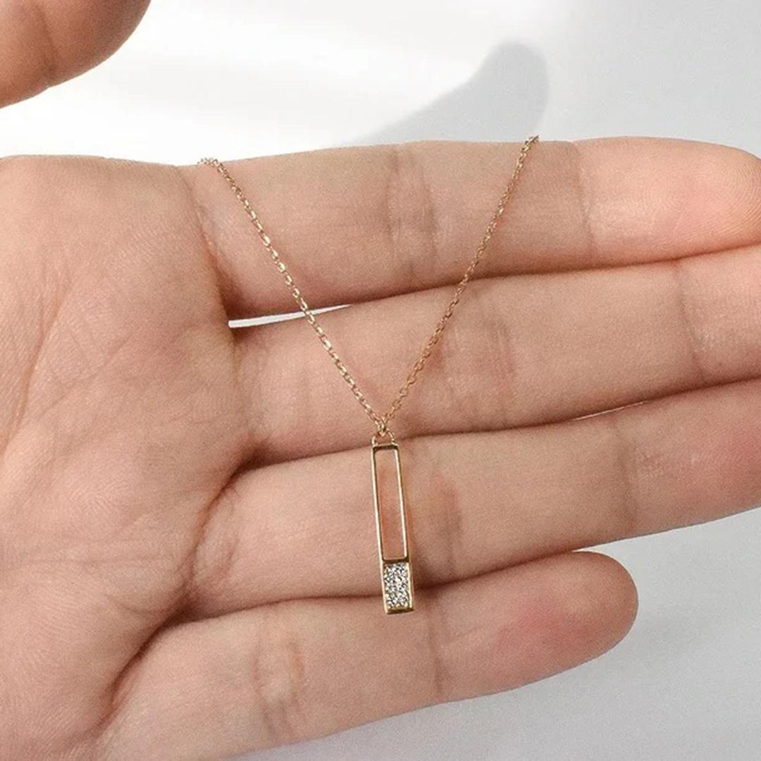 Women's or Men's 14k Solid Gold Diamond Bar Necklace Minimalist Bar Necklace For Sale