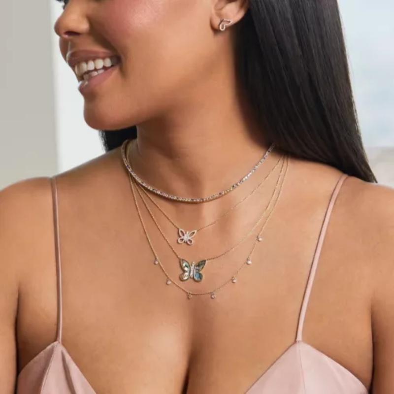 Round Cut Diamond Butterfly Pendant Necklace in 14K Solid Gold 16