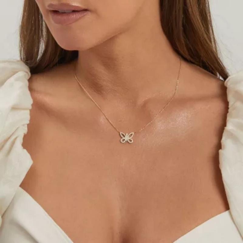 Diamond Butterfly Pendant Necklace in 14K Solid Gold 16