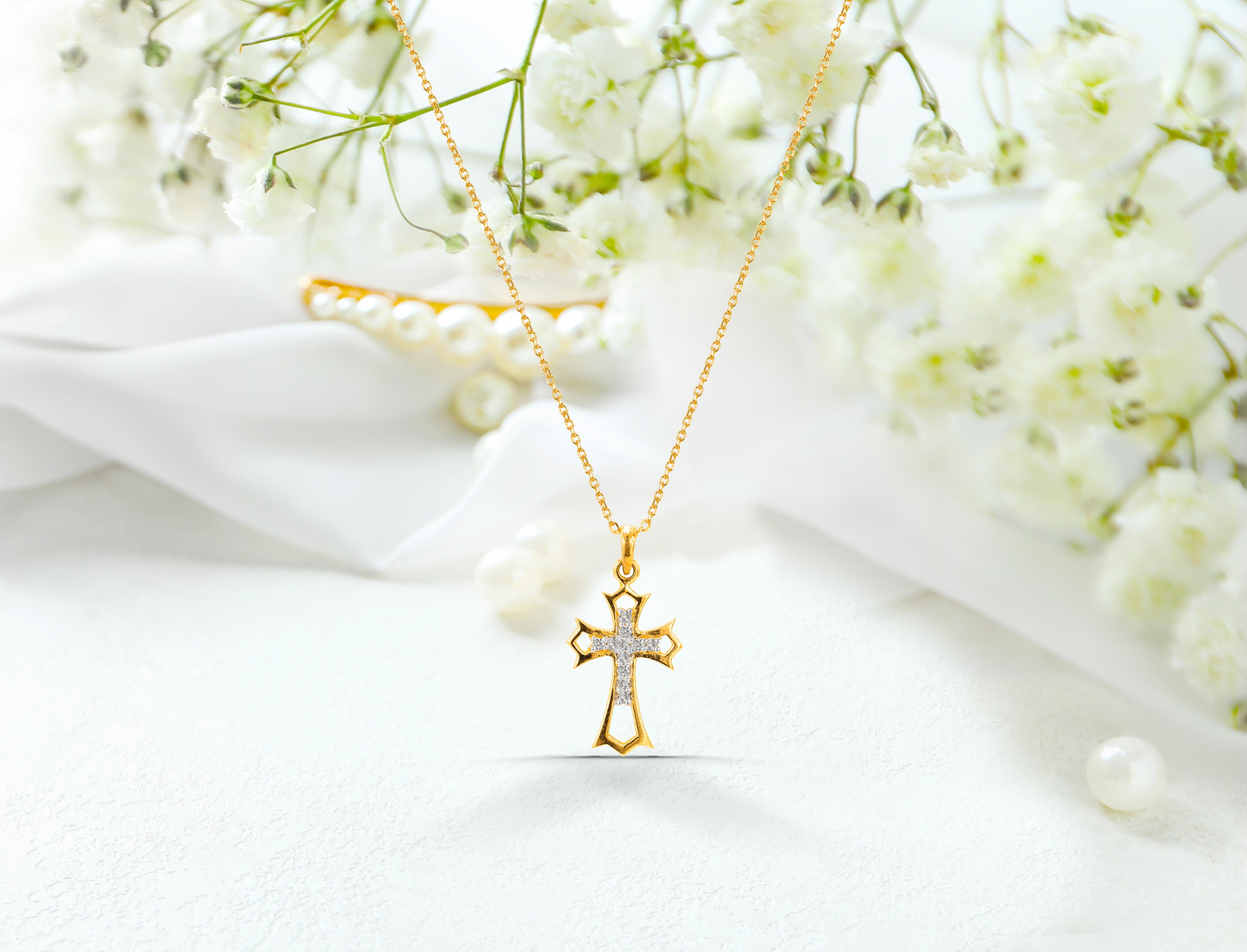 14k Solid Gold Diamond Cross Necklace Delicate Cross Necklace For Sale 4