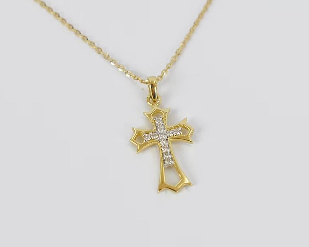 Byzantine 14k Solid Gold Diamond Cross Necklace Delicate Cross Necklace For Sale