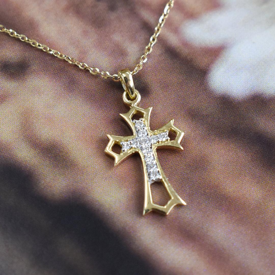 Round Cut 14k Solid Gold Diamond Cross Necklace Delicate Cross Necklace For Sale