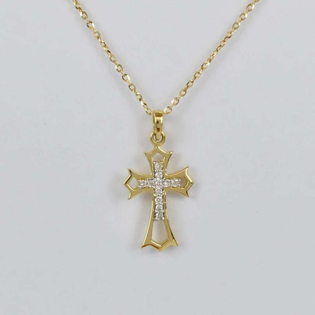 Collier de croix délicate en or massif 14 carats et diamants en vente 3