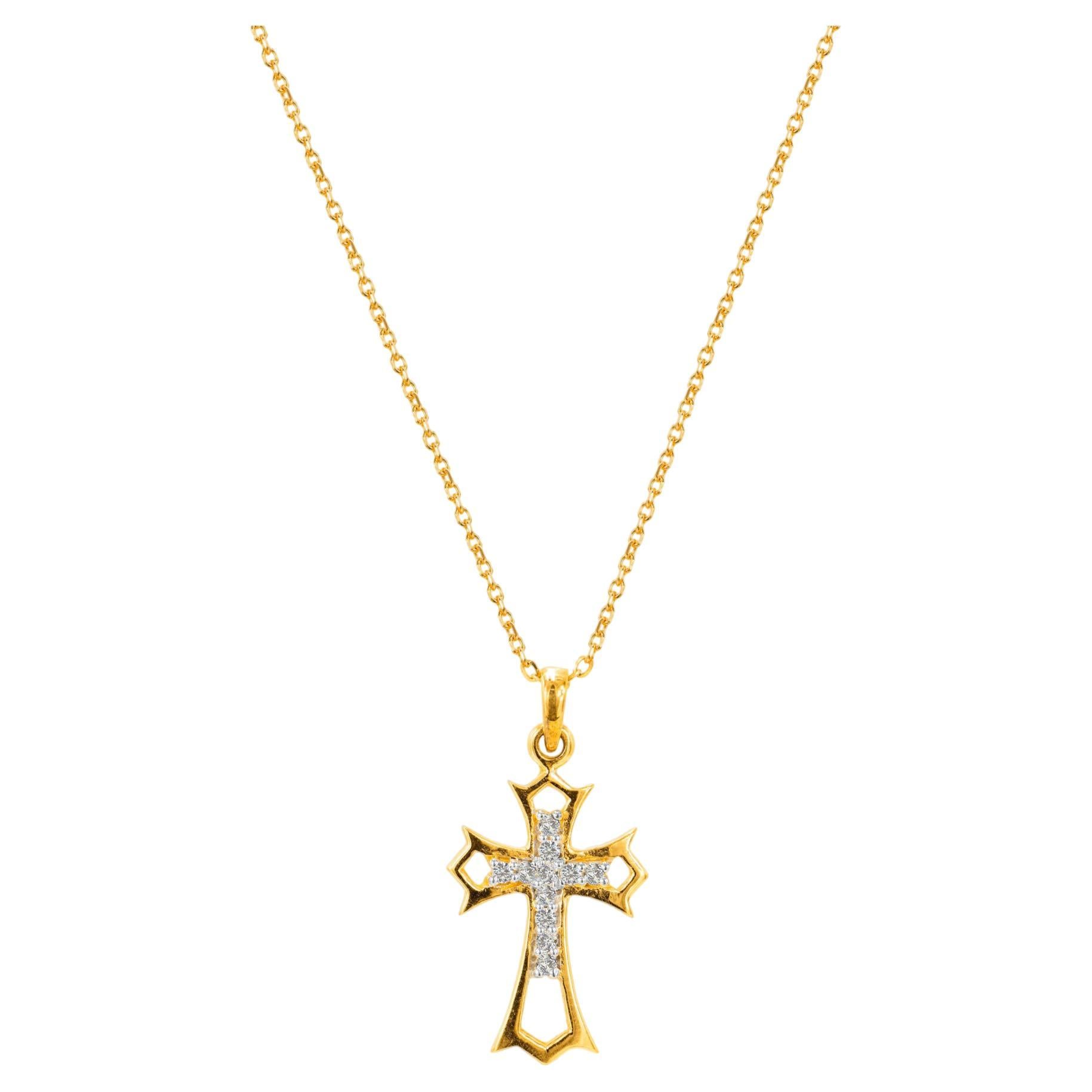 14k Massivgold Diamant-Kreuz-Halskette Zartes Kreuz-Halskette im Angebot