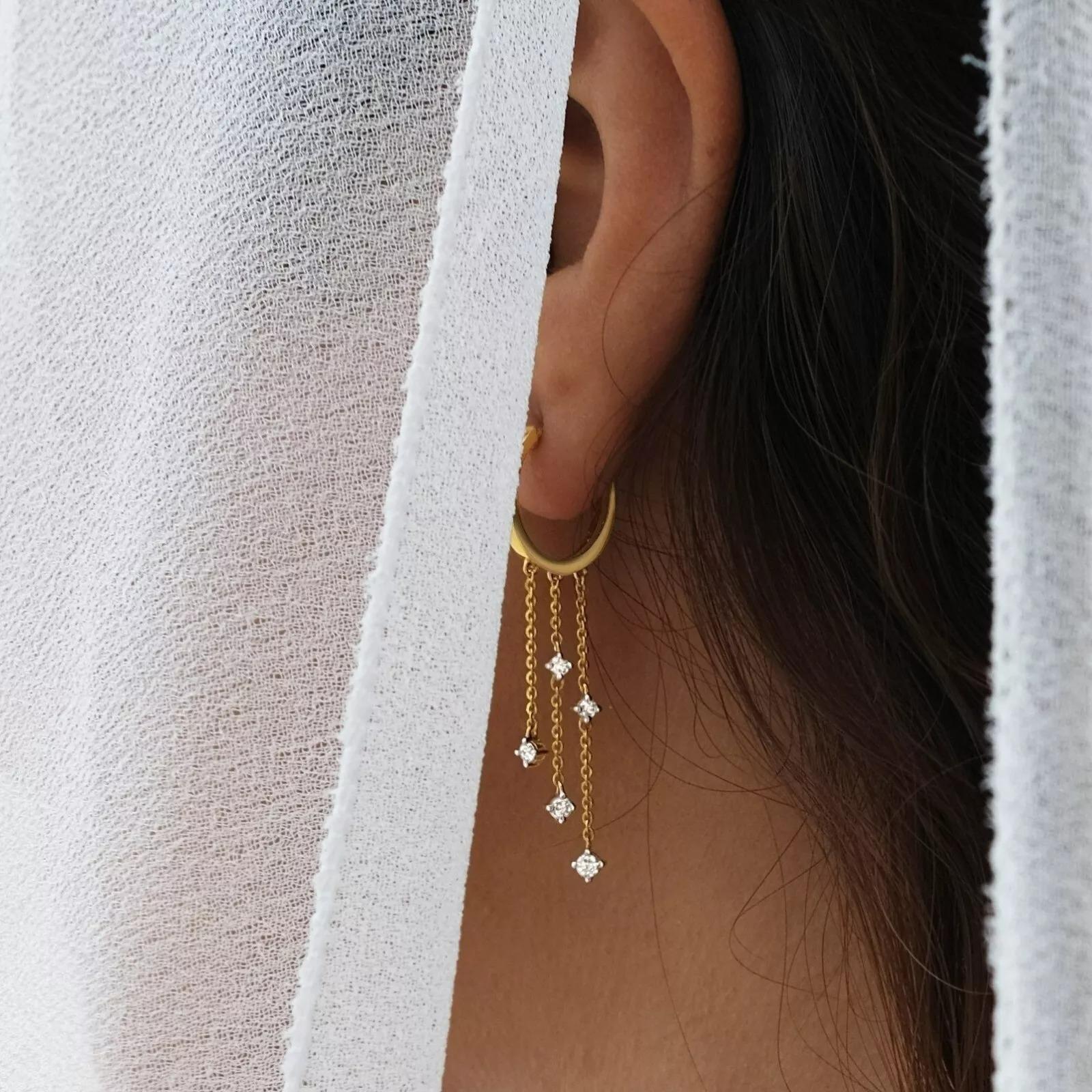 Round Cut 14K Solid Gold Diamond Dangle Chain Earrings For Sale
