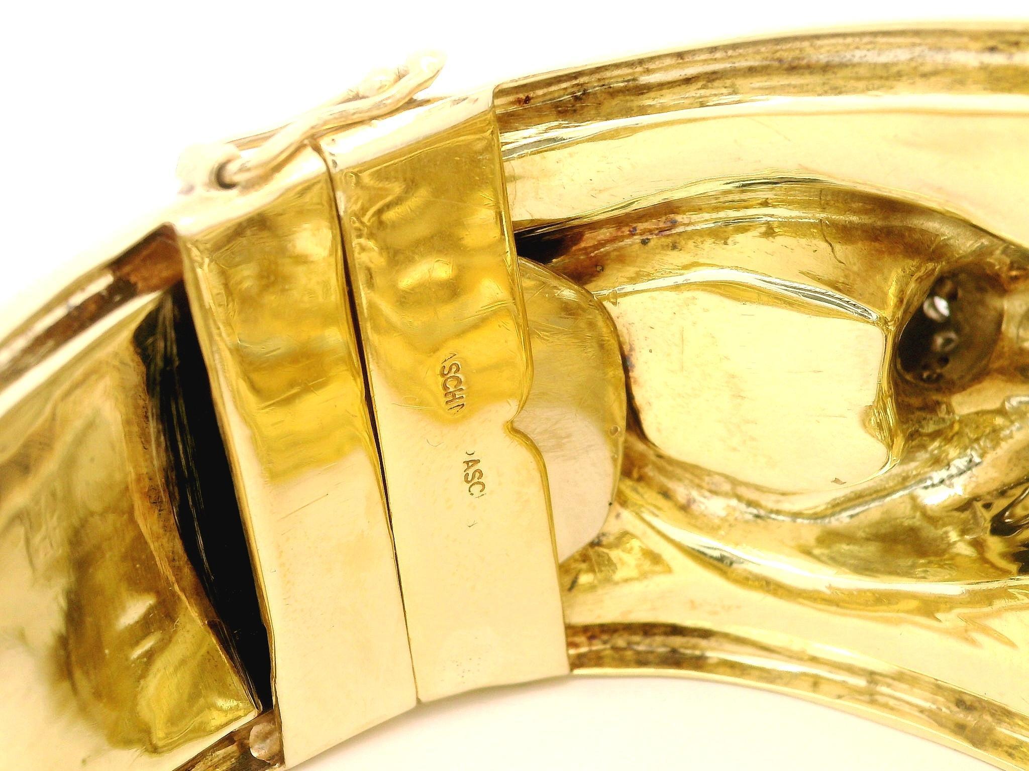 De las mujeres 14k Solid Gold Diamond & Emerald Eyes Tiger Wide Hammered Bangle Bracelet en venta