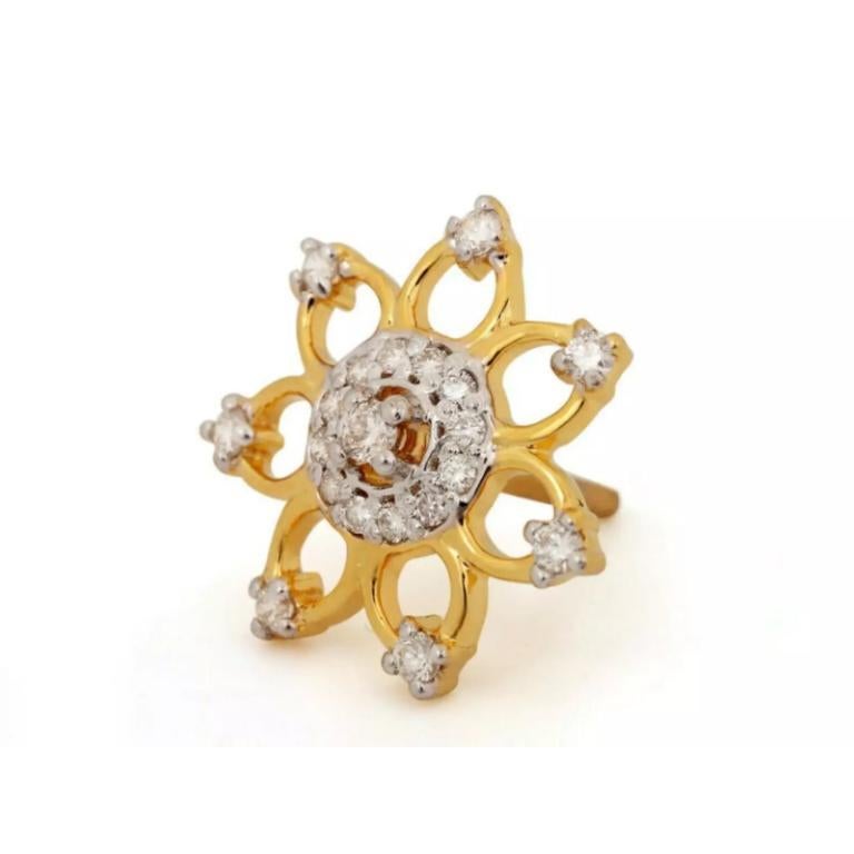Taille ronde Boucle d'oreille fleur en or massif 14K avec diamant Bijoux faits à la main en vente