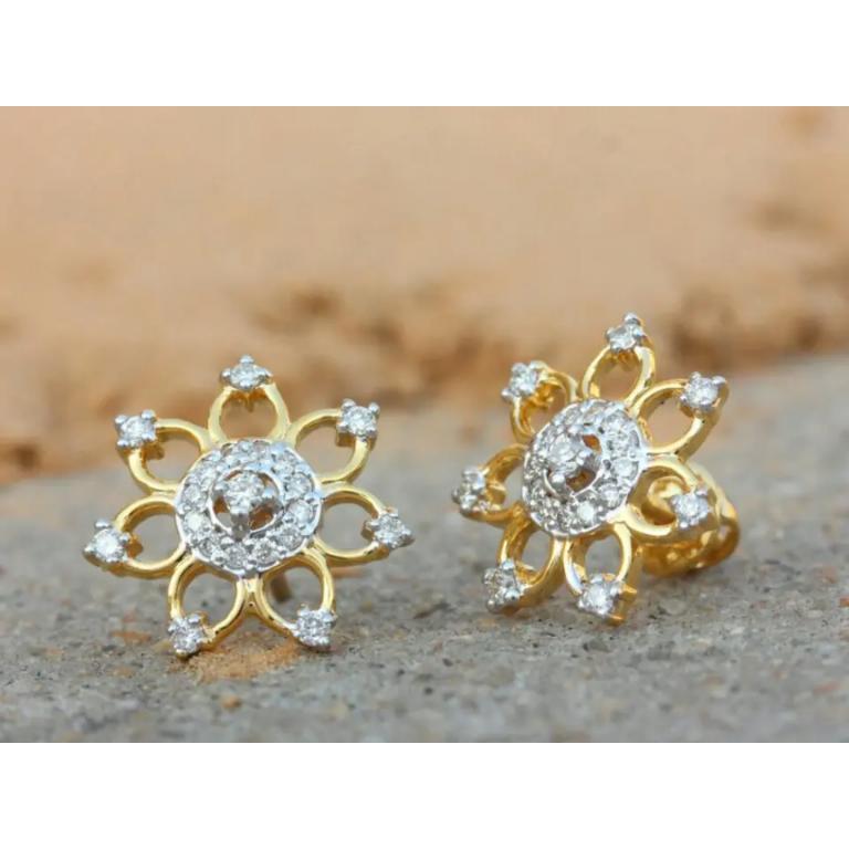 Boucle d'oreille fleur en or massif 14K avec diamant Bijoux faits à la main Neuf - En vente à Chicago, IL