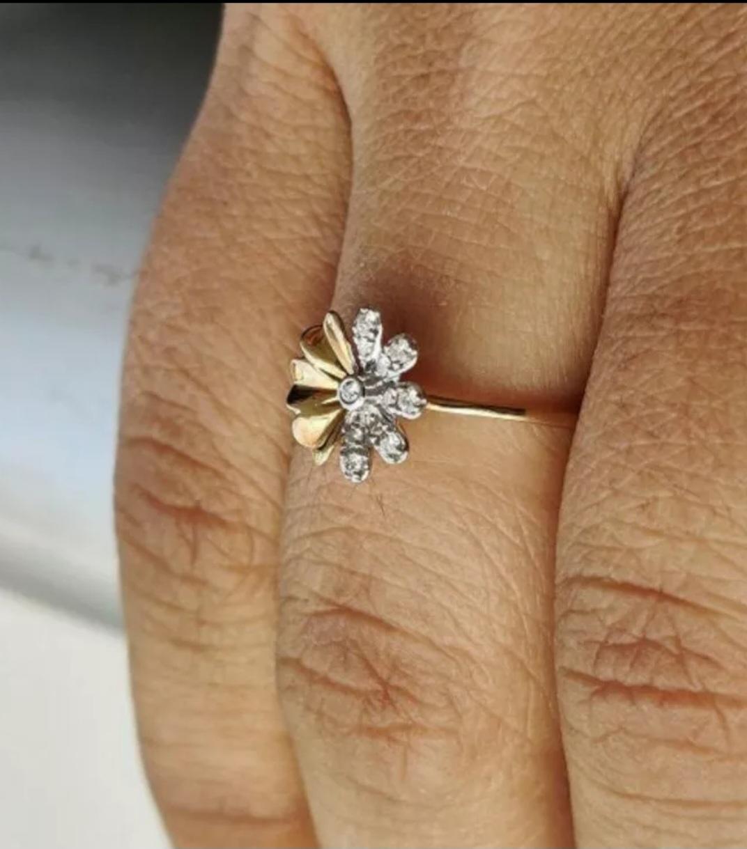 Art Deco 14k Solid Gold Diamond Flower Ring Handmade Diamond Wedding Ring Floral Band. For Sale