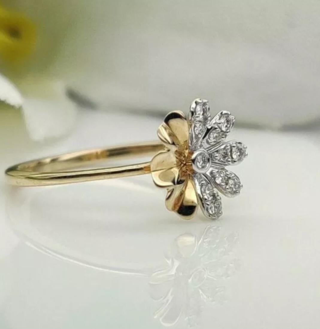 Women's or Men's 14k Solid Gold Diamond Flower Ring Handmade Diamond Wedding Ring Floral Band. For Sale