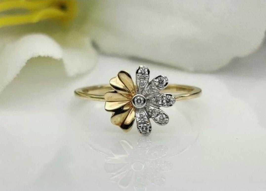 14k Solid Gold Diamond Flower Ring Handmade Diamond Wedding Ring Floral Band. For Sale 1