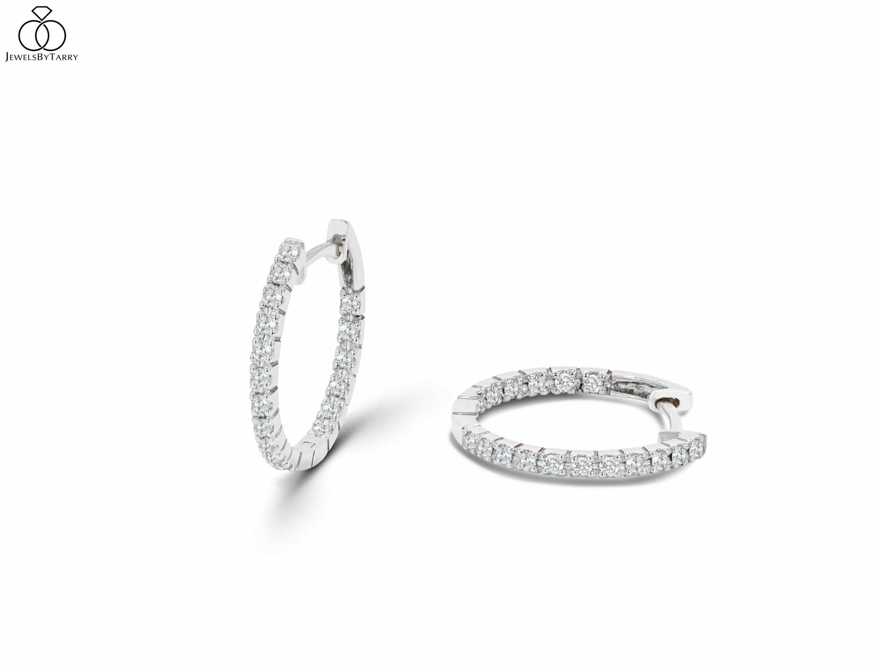 Diamond Hoop Earrings are made of 14K solid gold available in three colors of gold, White Gold / Rose Gold / Yellow Gold.

Classic Pave Diamond Hoop Earrings set in 14K gold. 18 mm. hoop earrings perfect by itself or paired with other earrings.