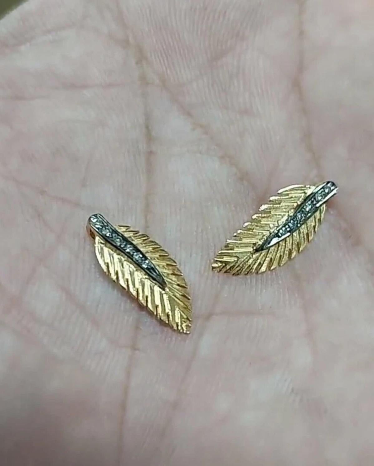 14k Solid Gold Diamond Leaf Pendant Gold Jewelry  Feather Pendant Textured Leaf For Sale 5