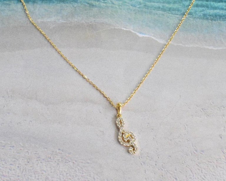 14k Solid Gold Diamond Music Note Necklace Treble Clef Necklace Musical