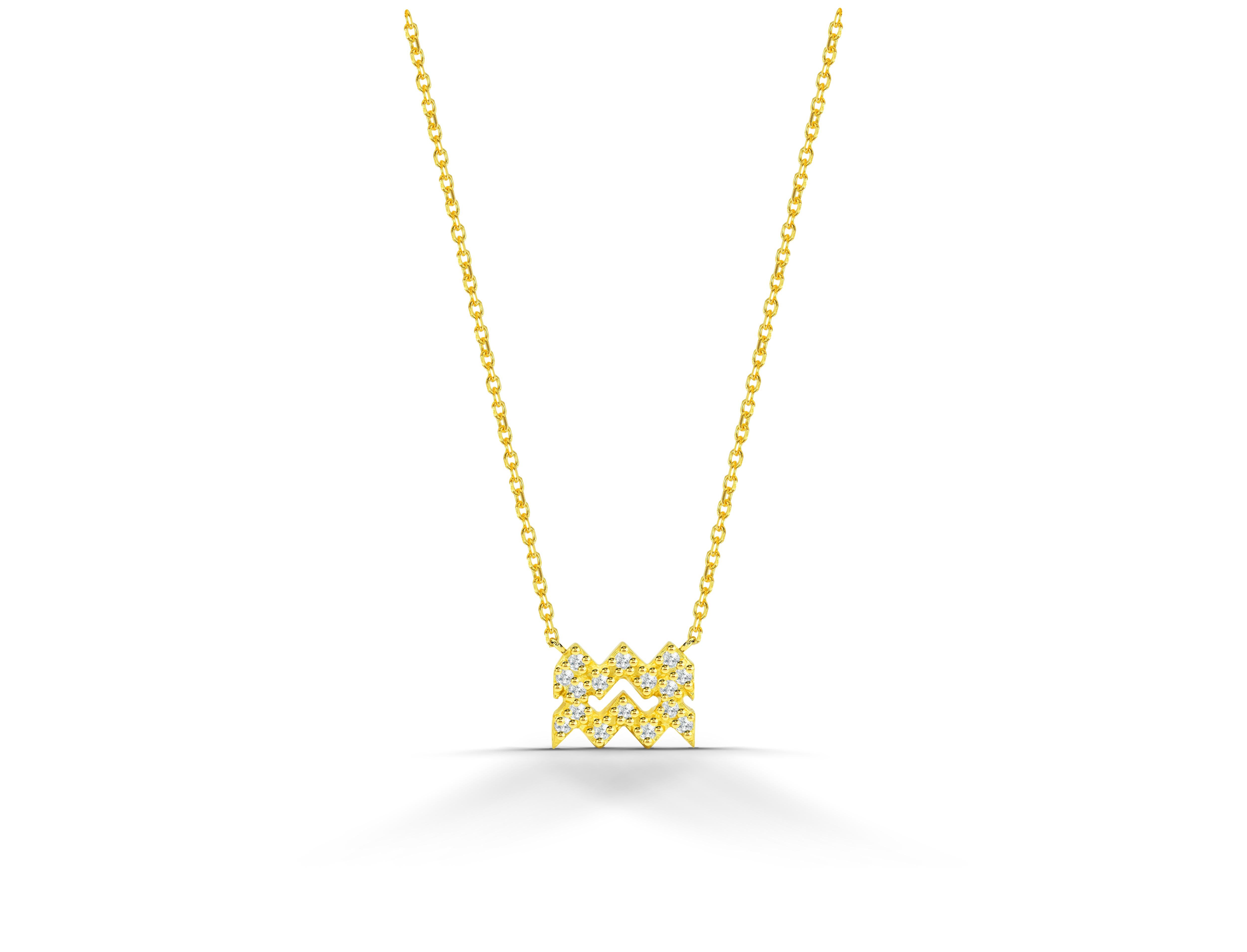 Beautiful and Sparkly Diamond Aquarius Necklace is made of 14k solid gold.
Available in three colors of gold: Yellow Gold / White Gold / Rose Gold.

Natural genuine round cut diamond each diamond is hand selected by me to ensure quality and set by a