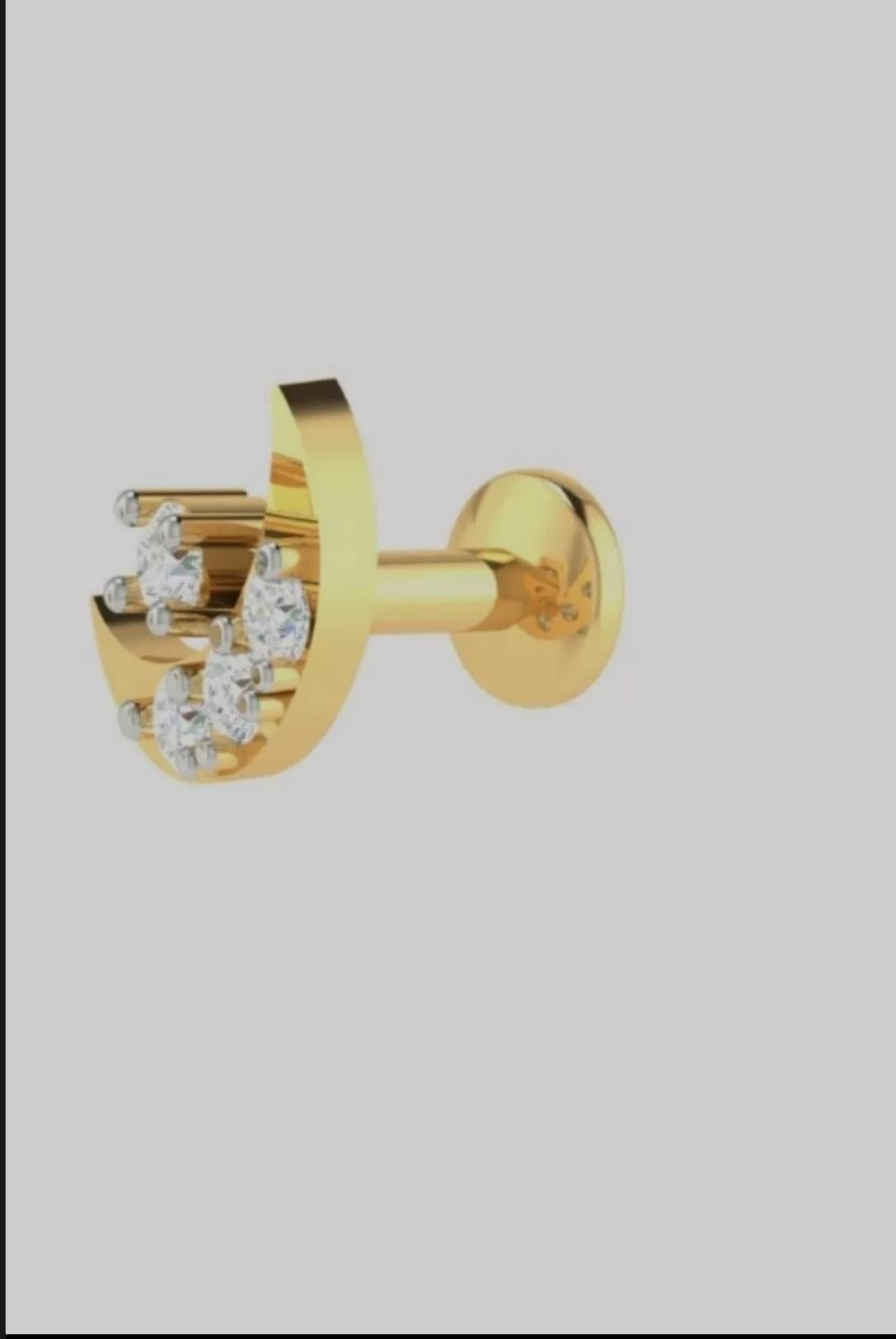 Clous d'oreilles croissant de lune en or jaune 14 carats avec diamants perçants en vente 3