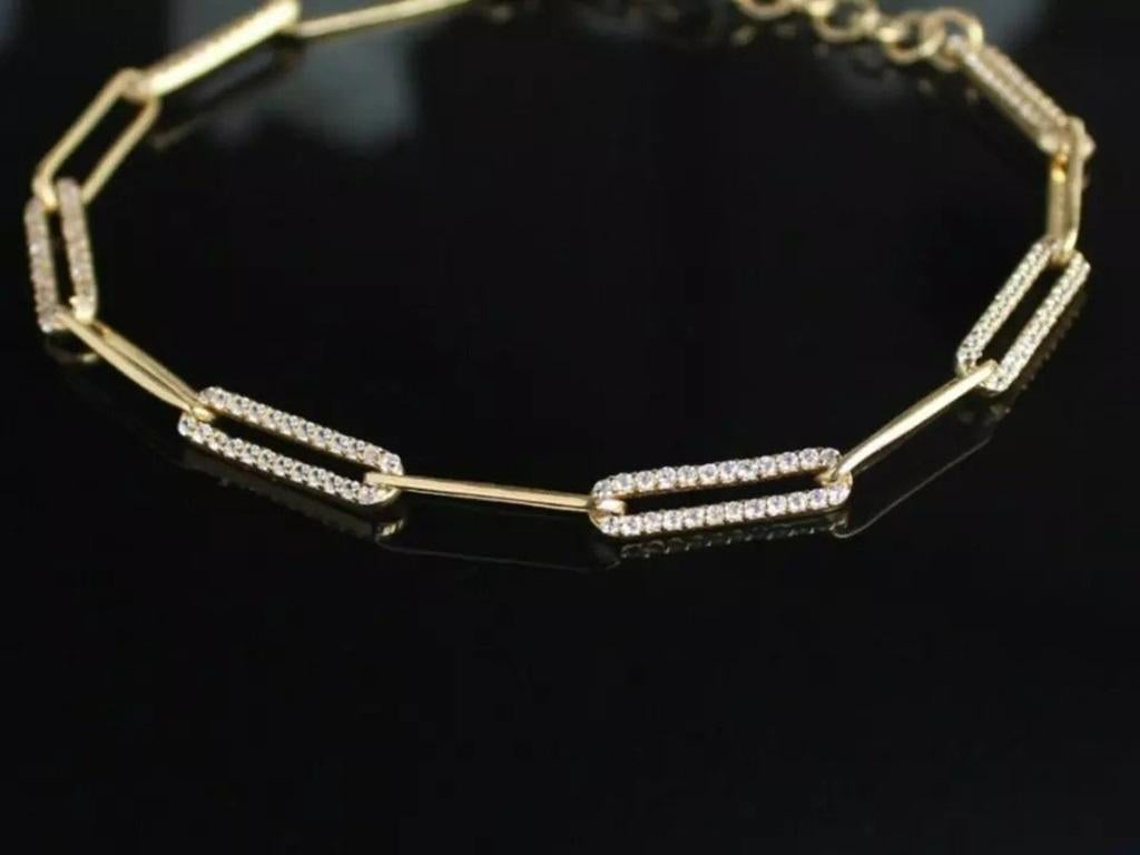 Round Cut 14K Solid Gold Diamond Paperclip Link Bracelet Women Link Chain For Sale