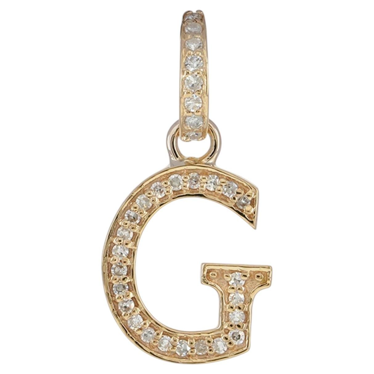 14K Solid Gold Diamond Pavé Block Letter G Initial Charm Pendant 0.26 Ct For Sale