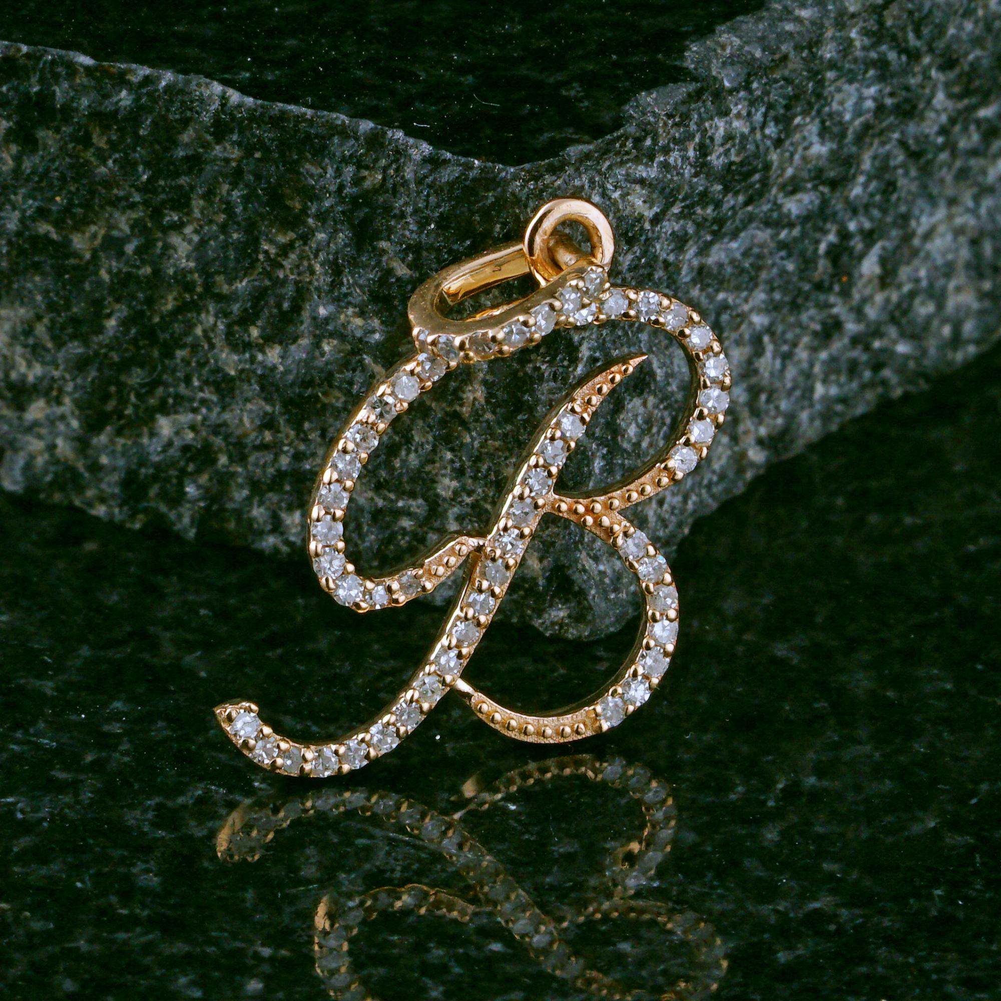 14K Solid Gold Diamond Pavé Cursive Script Letter B Initial Pendant 0. ...