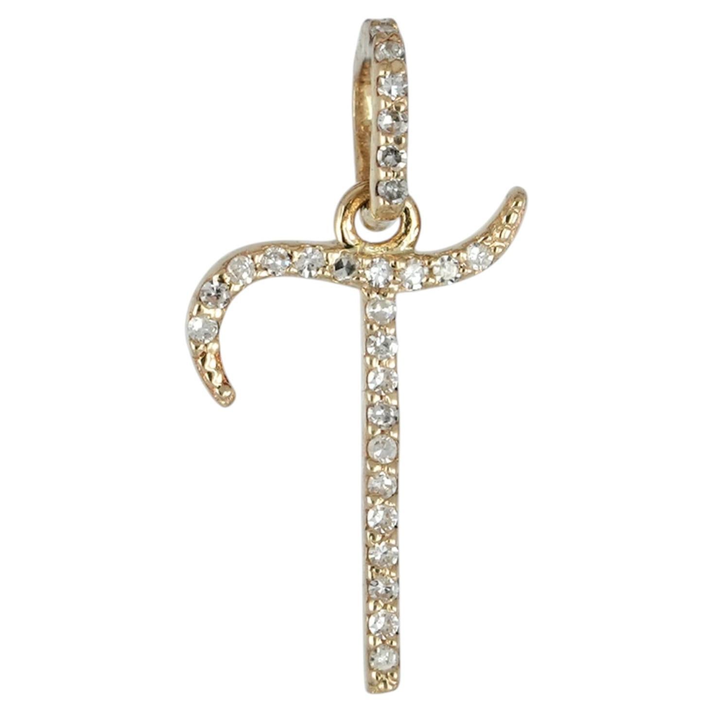 14K Solid Gold Diamond Pavé Cursive Script Letter T Initial Pendant 0.14 Ct