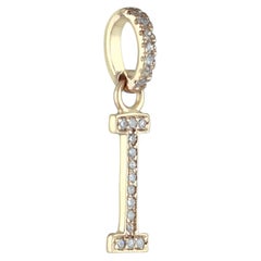 14K Solid Gold 0.15 Ct Real Diamond Pave Block Letter I Initial Charm Pendant