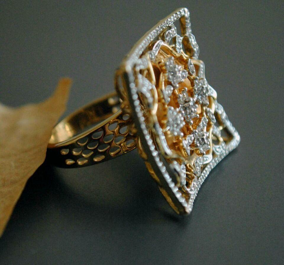 Round Cut 14k Solid Gold Diamond Square Statement Filigree Cocktail Ring For Sale