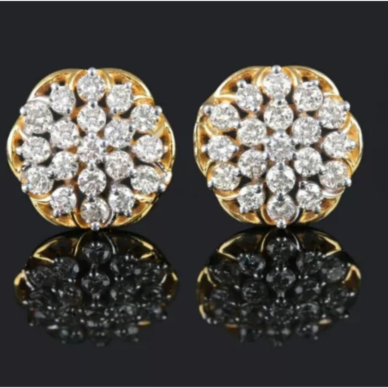 Round Cut 14K Solid Gold Diamond Stud Earrings for Women Floral Design Handmade For Sale