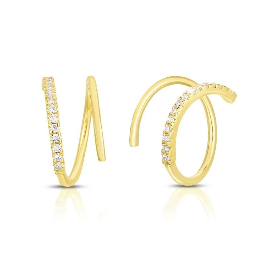 Modern Open Spiral 14K Gold Diamond Hoop Earrings For Sale