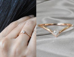 14K Solid Gold Diamond V Ring Diamond Chevron Ring Thin Diamond Ring