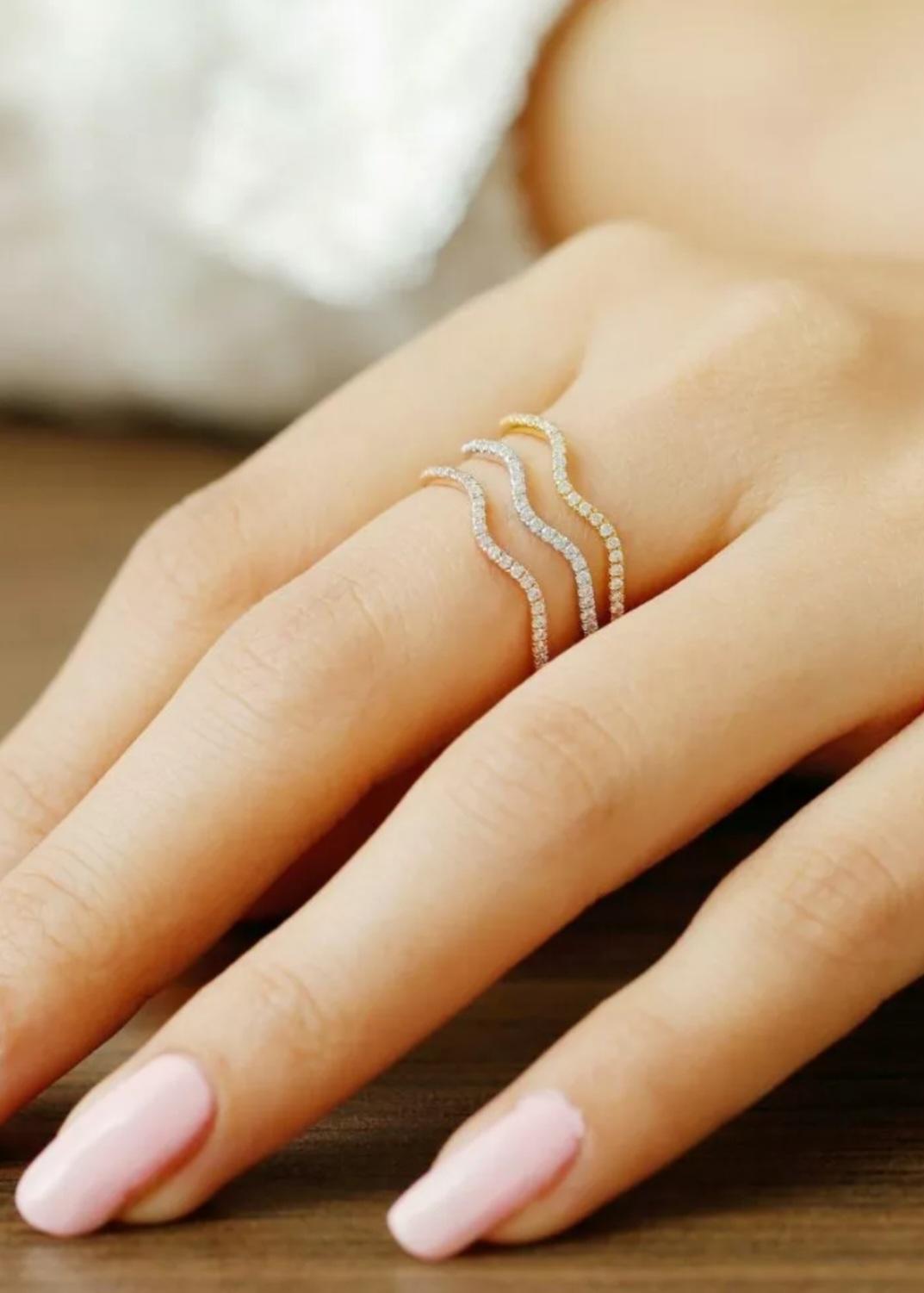 14k Solid Gold Diamond Wave Ring Eternity Diamond Band Ring Stackable Jewelry. In New Condition For Sale In Chicago, IL