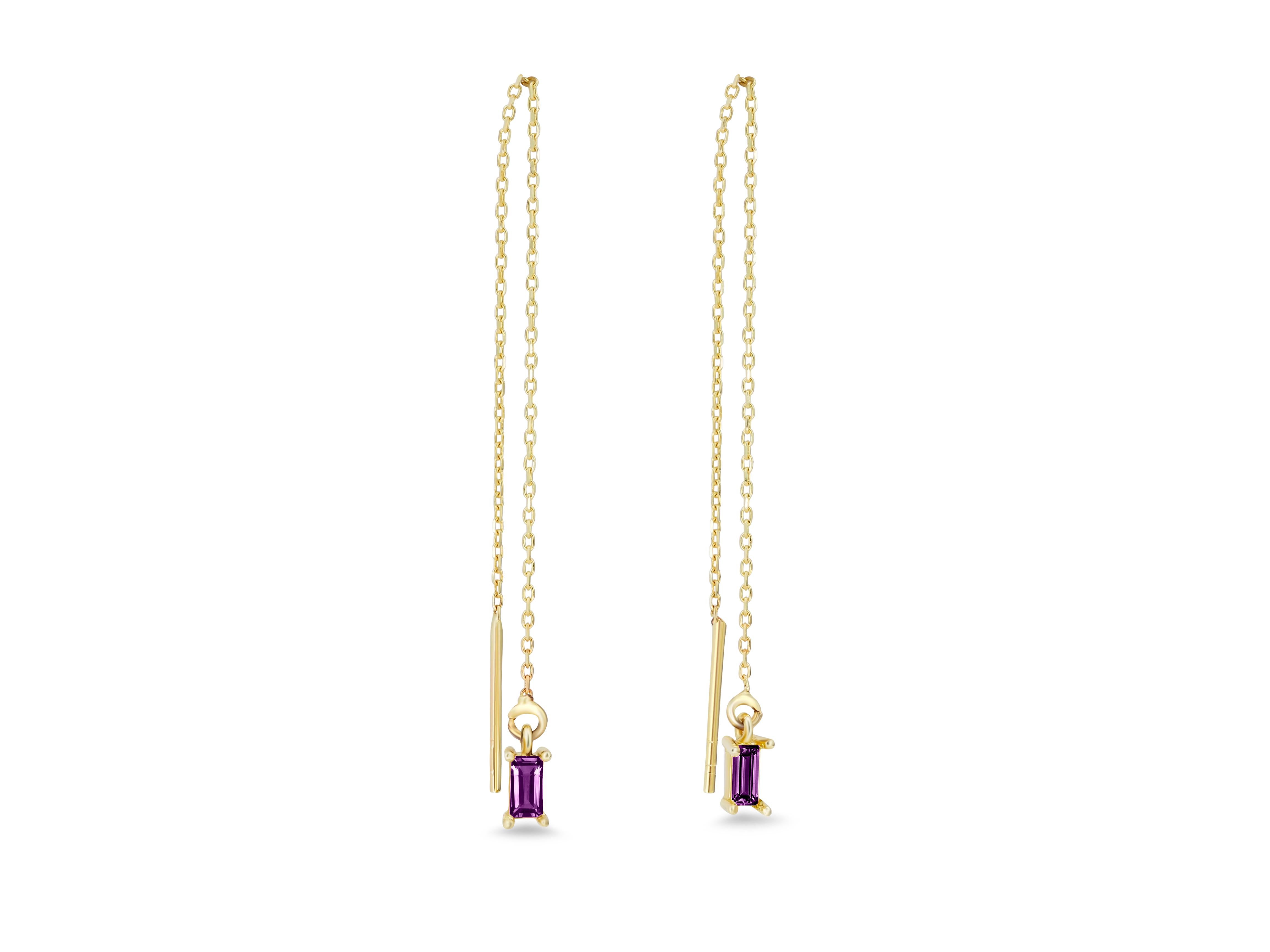 14k Solid Gold Drop Earrings with amethyst. 
Chain Gold Earrings. Amethyst Drop Gold Threaders. Amethyst gold earrings. Baguette earrings.

Metal: 14 karat gold
Weight: 0.8-0.9 g.
Size: 6.5-6.8 sm.

Central stones: Natural amethysts 2 pieces
Cut: