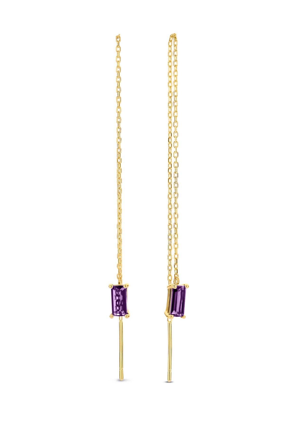 Modern 14k Solid Gold Drop Earrings with amethyst.  For Sale