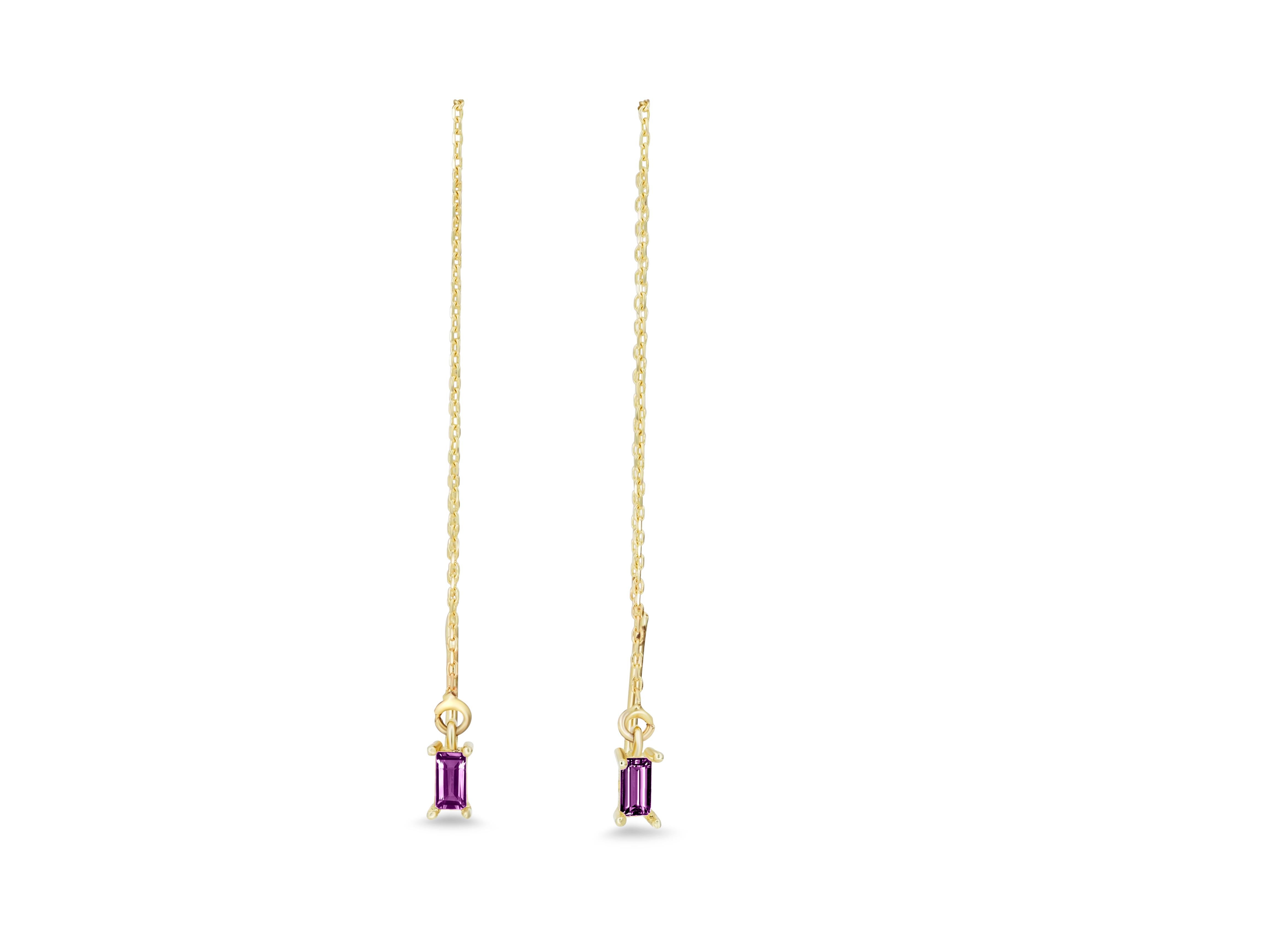 Baguette Cut 14k Solid Gold Drop Earrings with amethyst.  For Sale