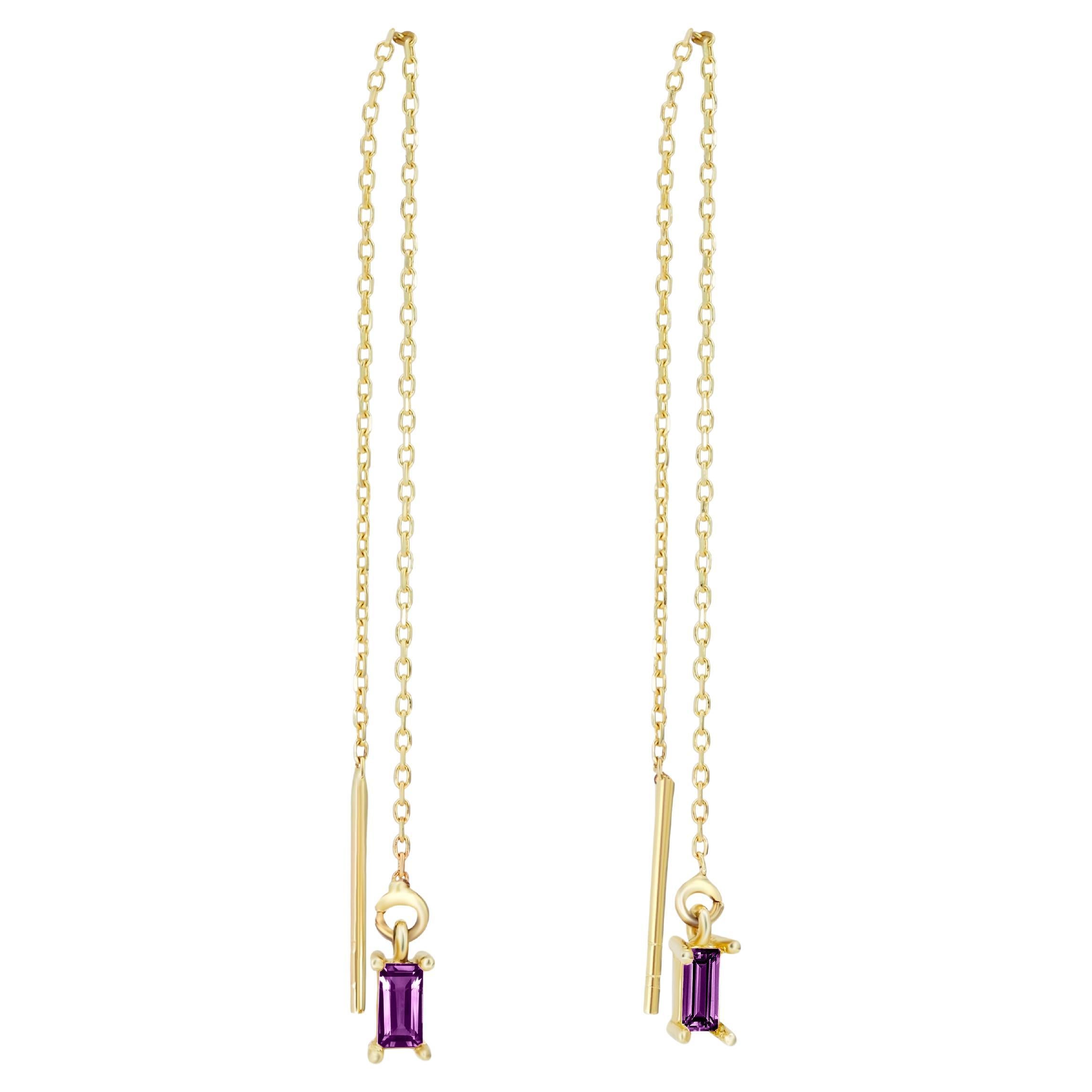 14k Solid Gold Drop Earrings with amethyst. 