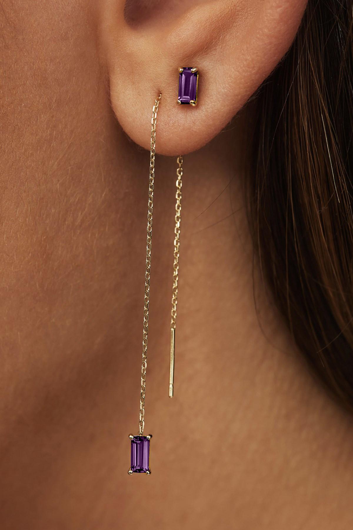  14k solid gold drop earrings with amethysts.  Natural amethysts solid gold earrings. Chain earrings.Baguette Earrings Dangle. Delicate Solid Gold chain Earrings.  14K Solid Gold Threader Chain Earrings

Metal: 14 karat yellow gold
Weight: 0.8-0.9