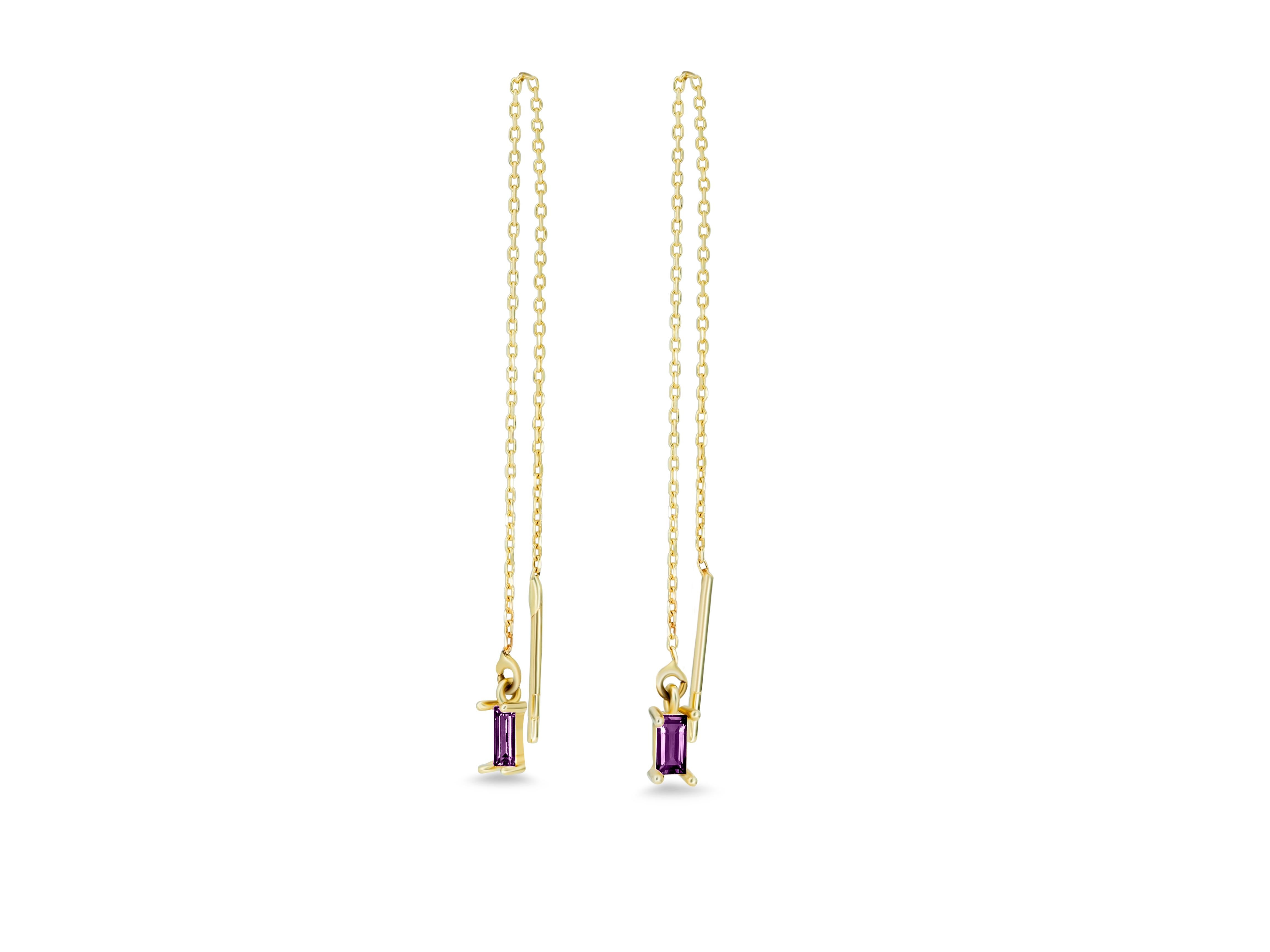 Women's 14k Solid Gold Drop Earrings with amethysts.  Chain Gold Earrings For Sale