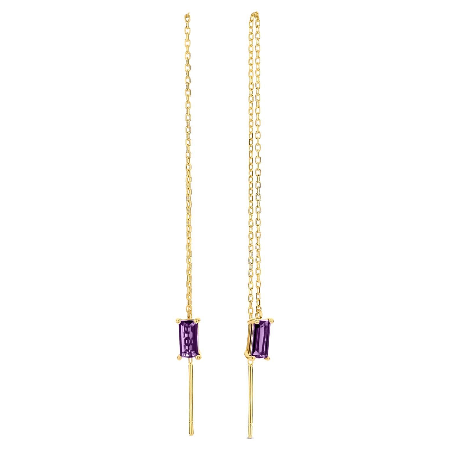 14k Solid Gold Drop Earrings with amethysts.  Chain Gold Earrings For Sale