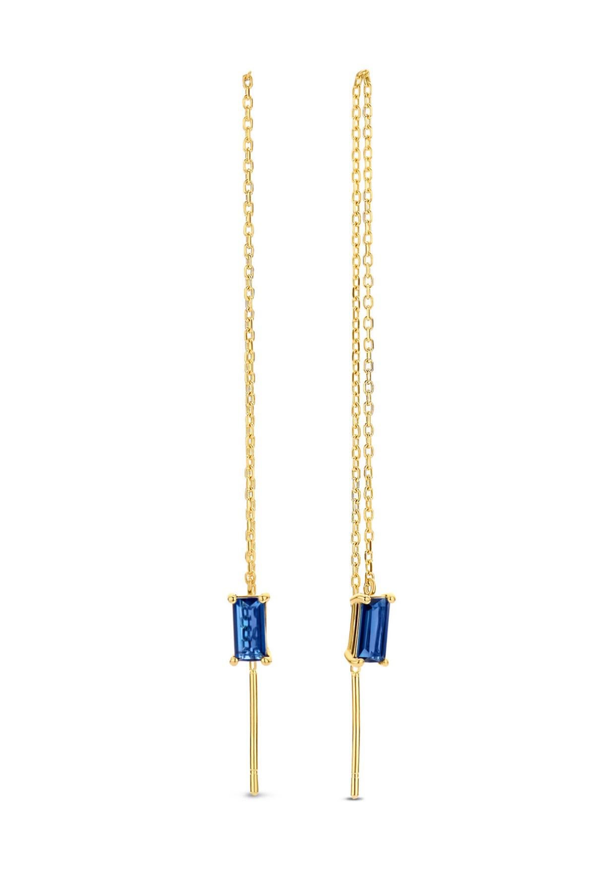 Modern 14k Solid Gold Drop Earrings with Blue Sapphire, Chain Gold Earrings For Sale