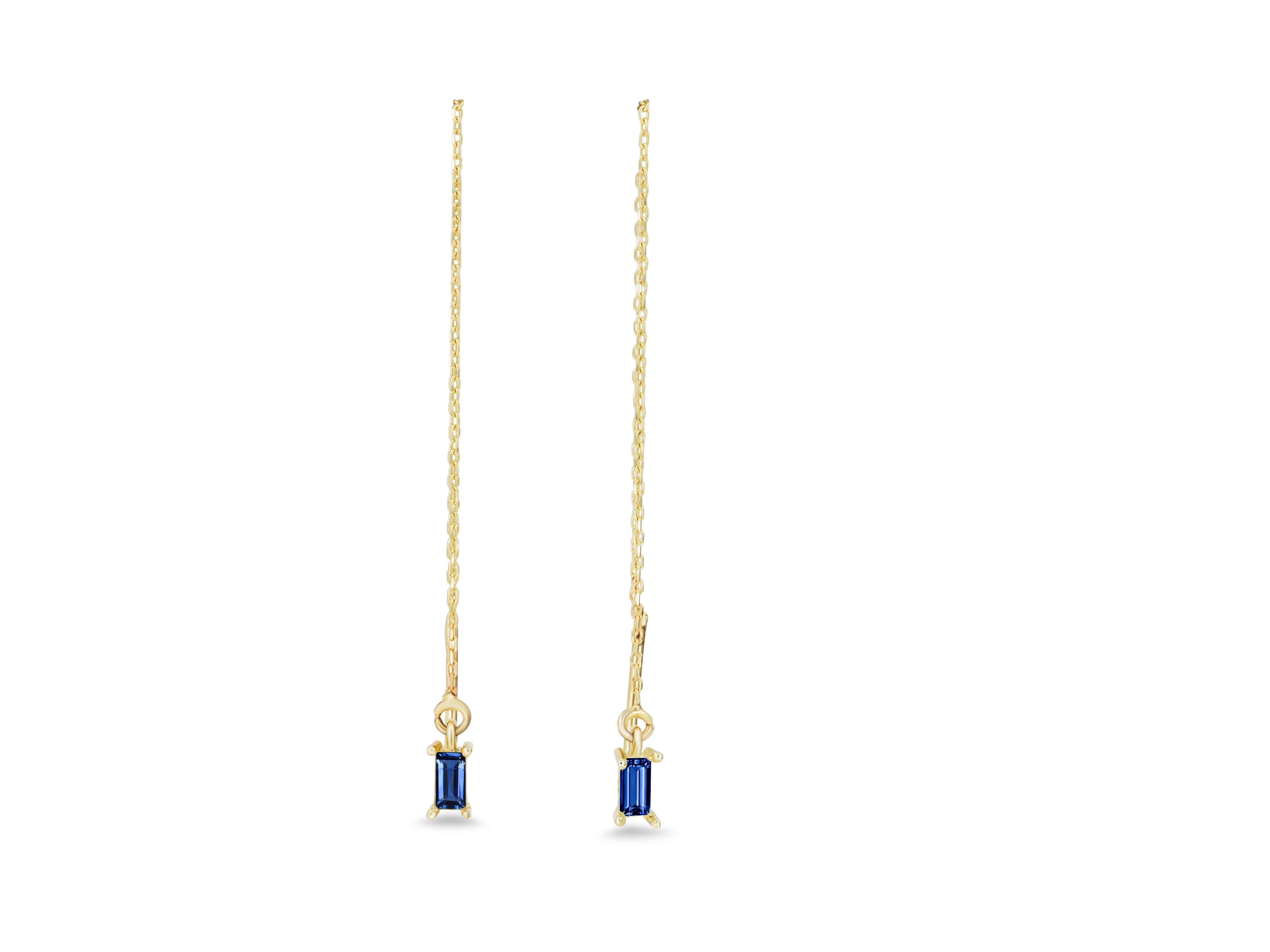Baguette Cut 14k Solid Gold Drop Earrings with Blue Sapphire, Chain Gold Earrings For Sale