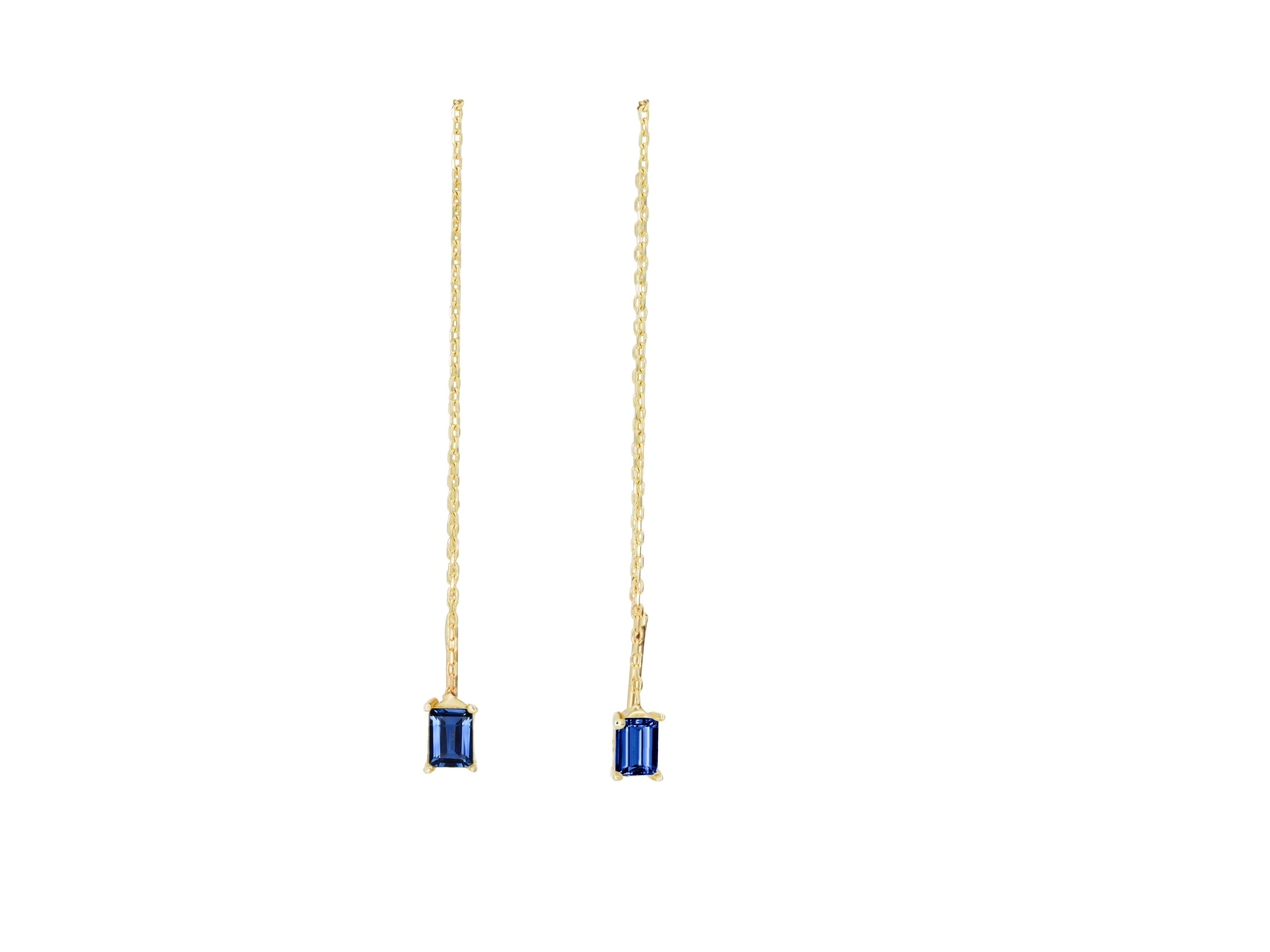 Modern 14k Solid Gold Drop Earrings with Blue Sapphire, Chain Gold Earrings For Sale