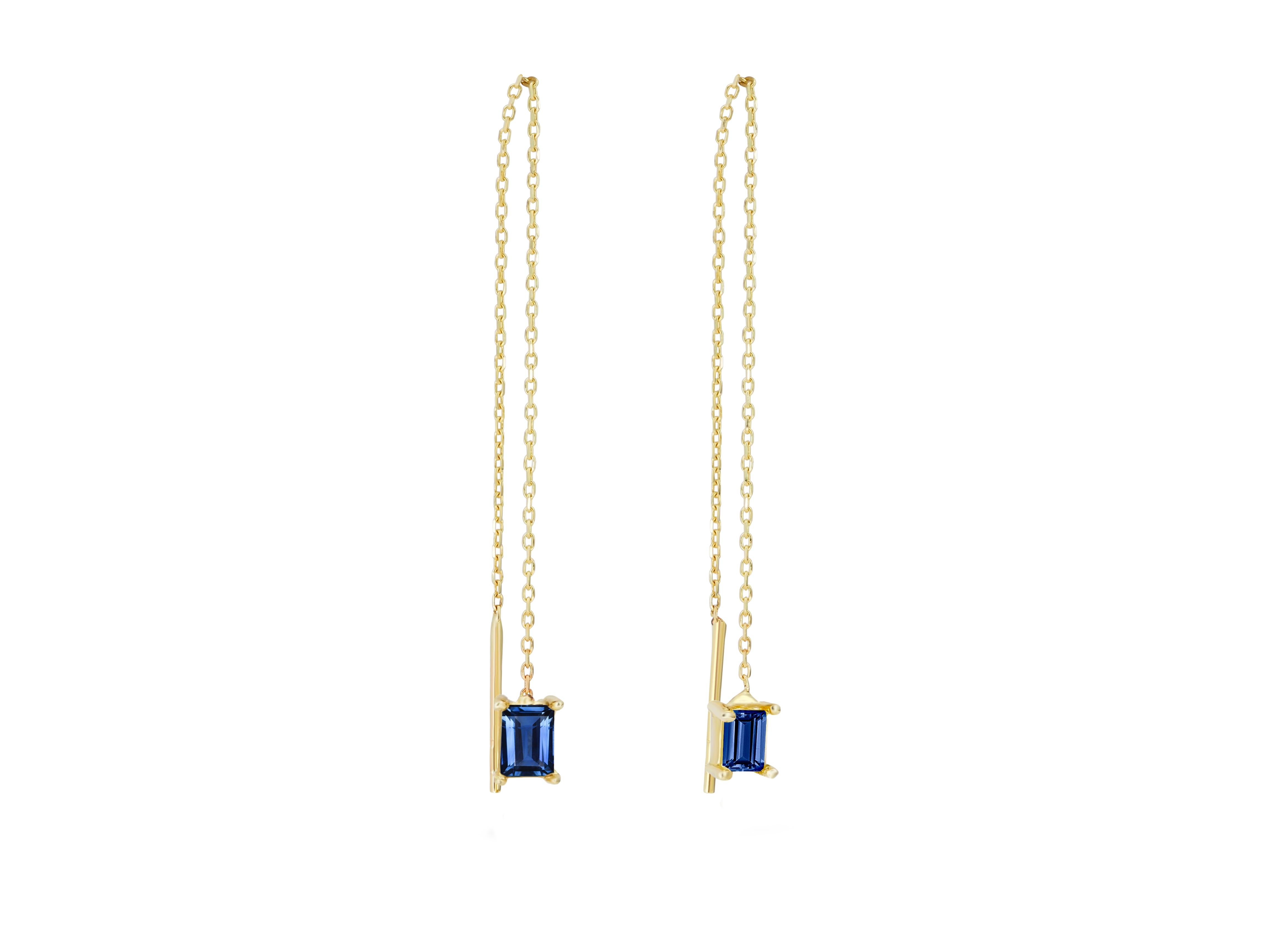 Baguette Cut 14k Solid Gold Drop Earrings with Blue Sapphire, Chain Gold Earrings For Sale