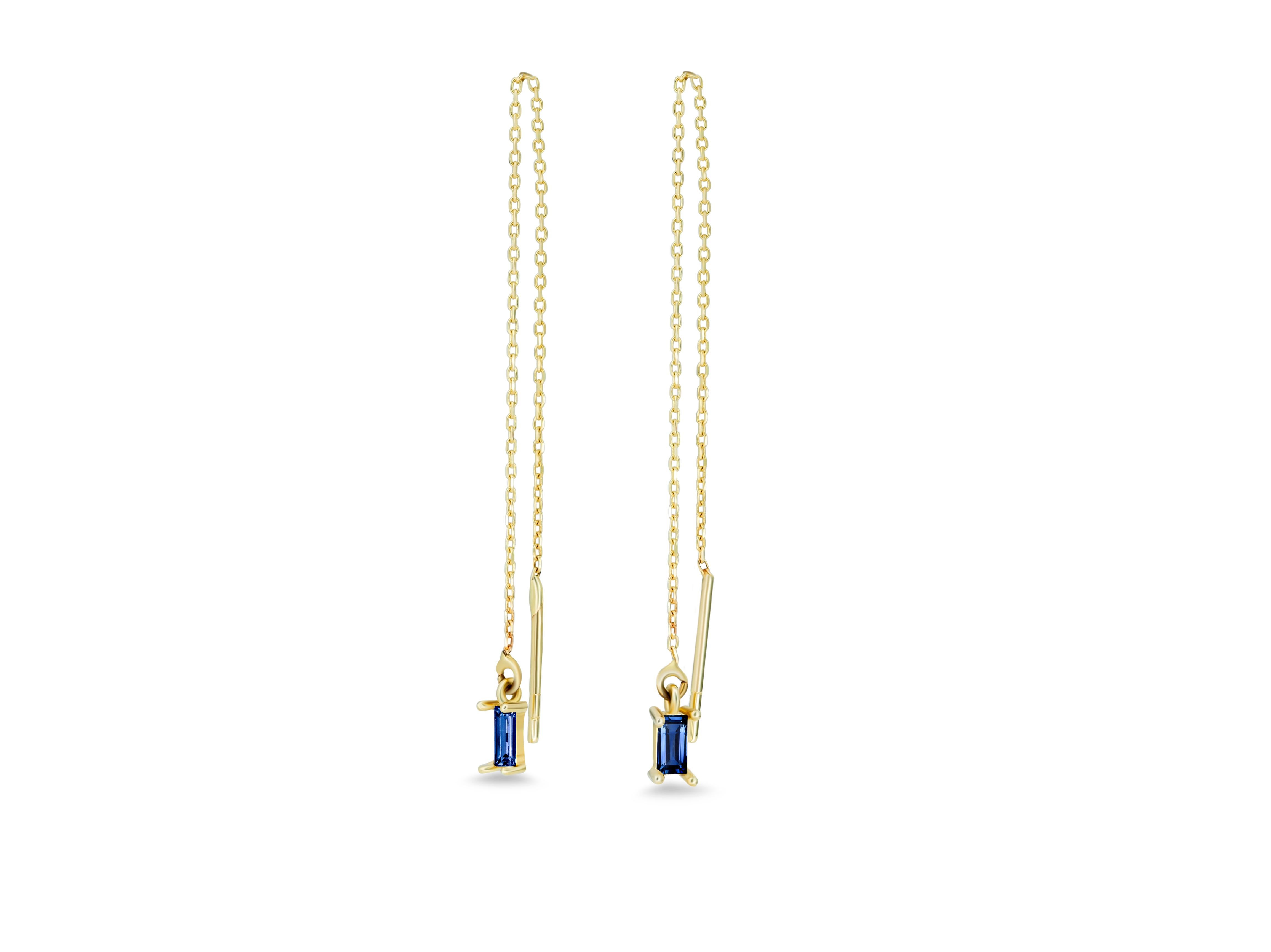 Women's 14k Solid Gold Drop Earrings with Blue Sapphire, Chain Gold Earrings For Sale