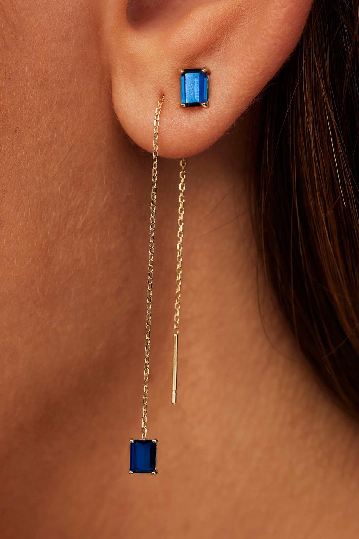 Natural Sapphire gold earrings.  14k solid gold drop earrings with blue sapphires.  Natural sapphires  solid gold earrings. Chain earrings. Baguette Earrings Dangle. Delicate Solid Gold chain Earrings.  14K Solid Gold Threader Chain Earrings.