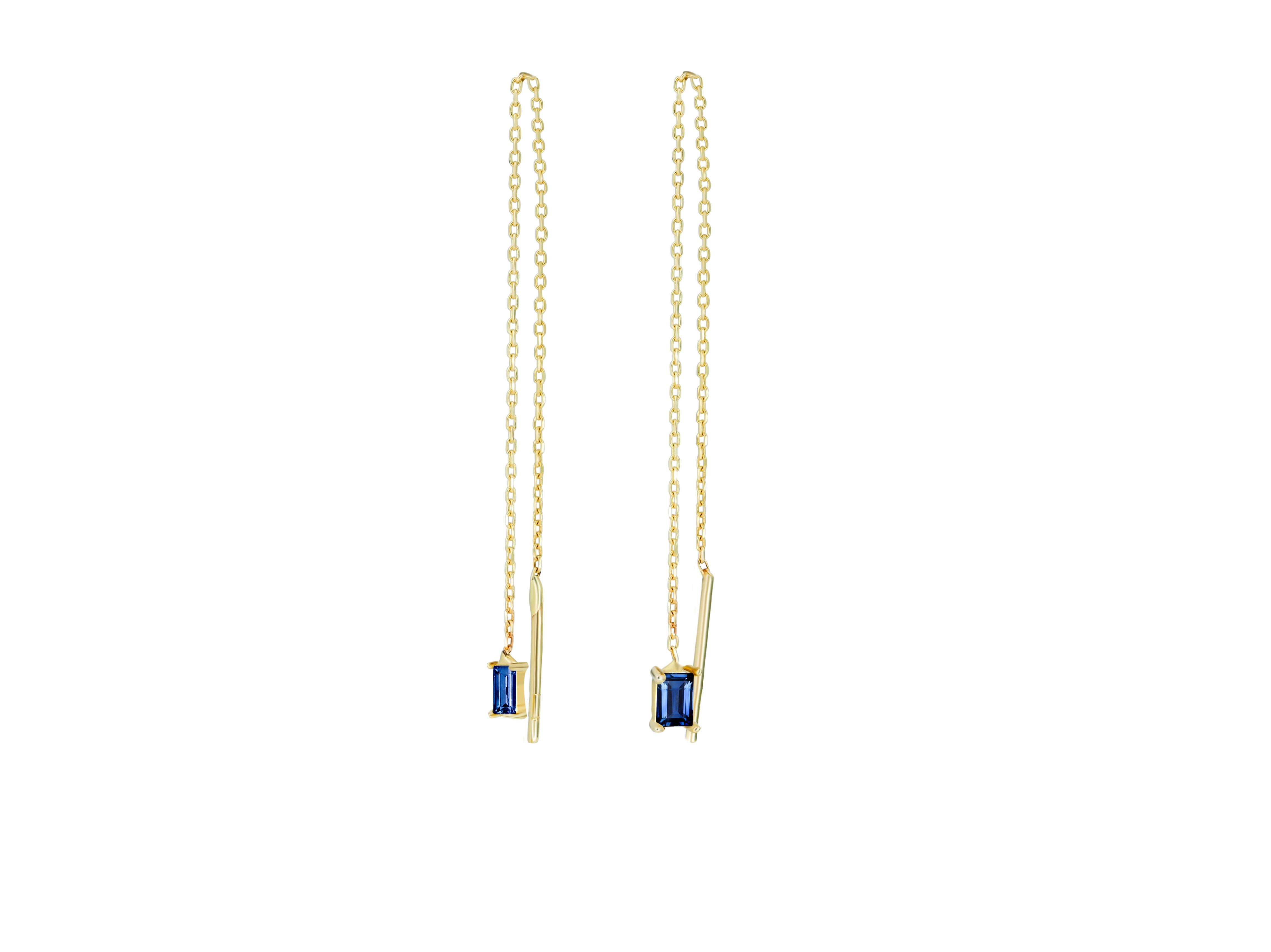 14k Solid Gold Drop Earrings with Blue Sapphire, Chain Gold Earrings In New Condition For Sale In Istanbul, TR